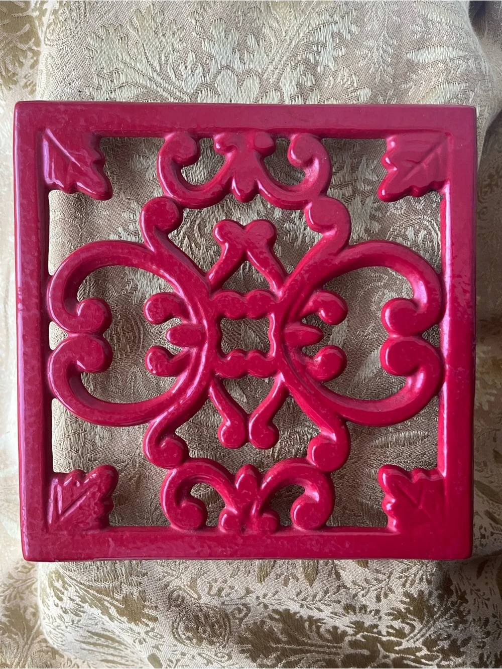 Vintage Red Enamel Cast Iron Trivet - Square Scrollwork Hot Plate